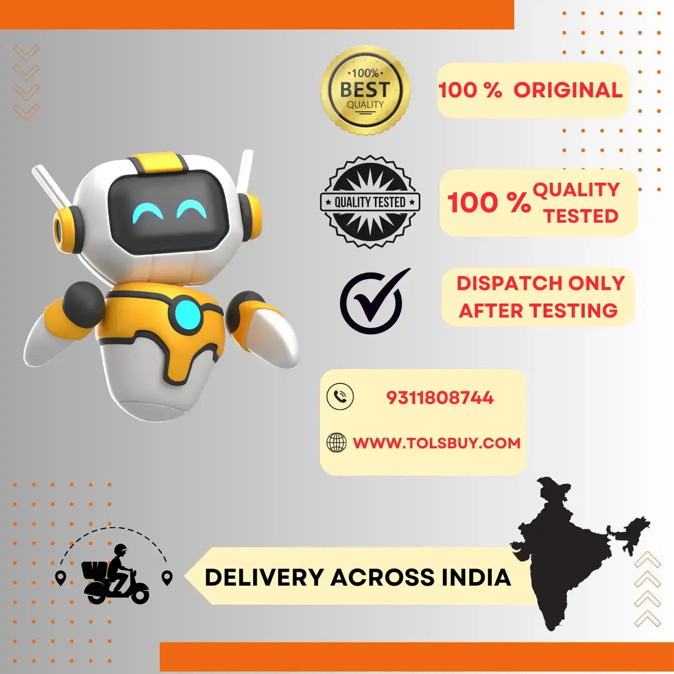 Cheerful robot character with quality assurance badges and delivery information for online shopping in India.
