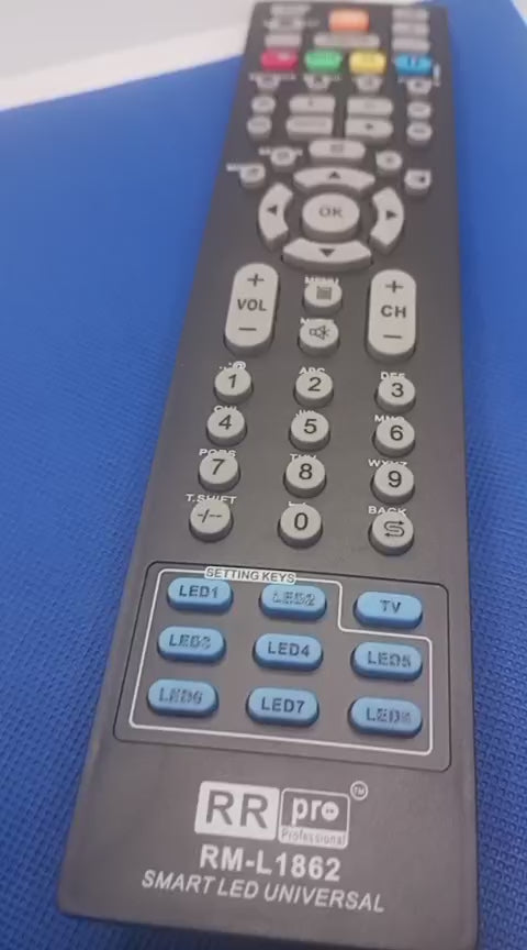 Universal remote control with ergonomic design for LED, LCD, and Smart TVs, featuring easy-to-use buttons.